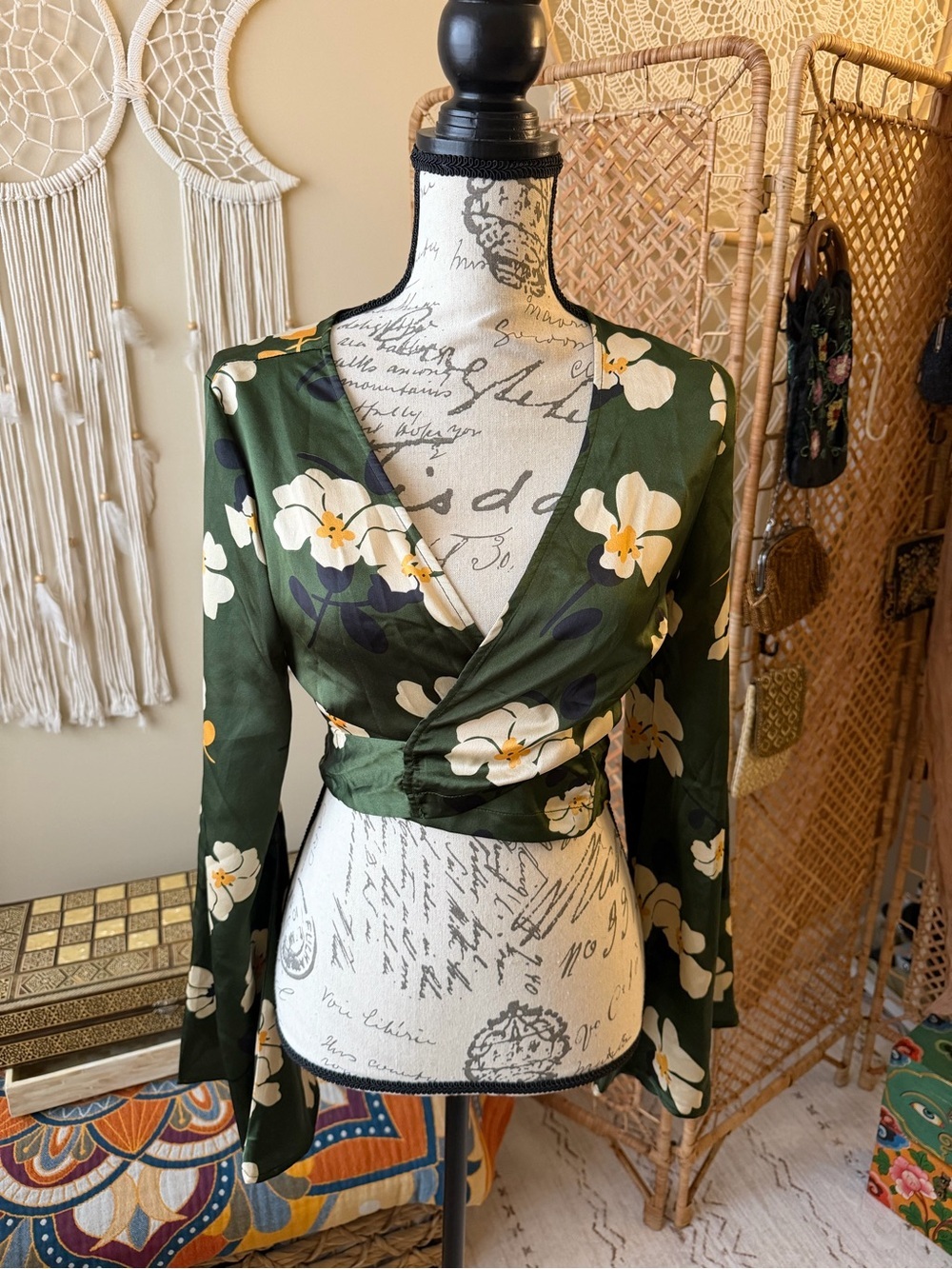 Olive Green Floral Wrap Crop Top